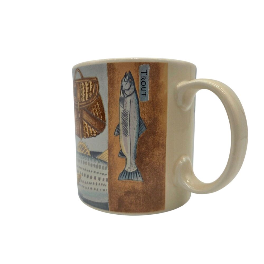 Vintage Russ Berrie Fishing Coffee Mug Fish Knots Trout Salmon Bass Bluefish